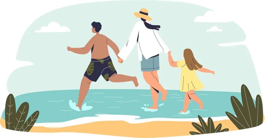 Mother enjoying beach with kids  Illustration