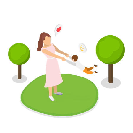 Mother enjoying with kid in garden  Illustration