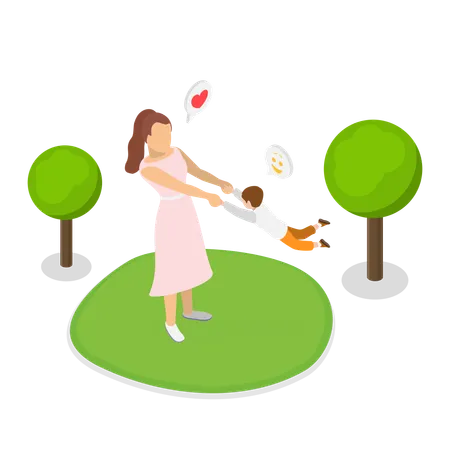 Mother enjoying with kid in garden  Illustration