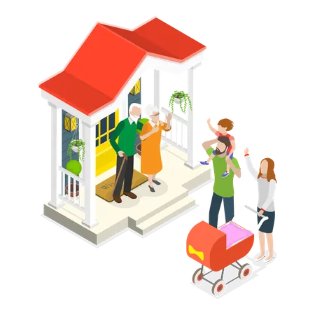 Mother ,father and child going back to city from grandparents house in village  Illustration