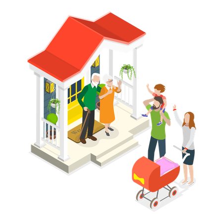 Mother ,father and child going back to city from grandparents house in village  Illustration