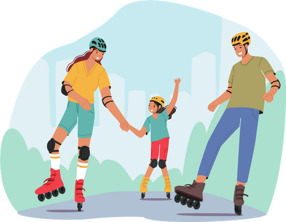 Mother, Father and Little Daughter Skating Rollers Illustration