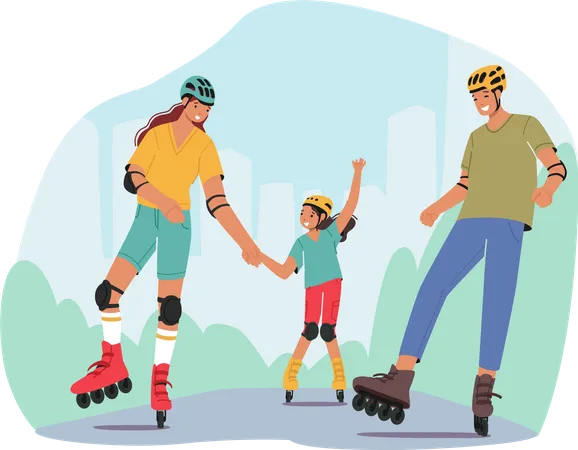Mother, Father and Little Daughter Skating Rollers Illustration