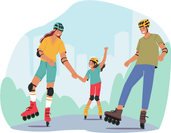 Mother, Father and Little Daughter Skating Rollers  Illustration