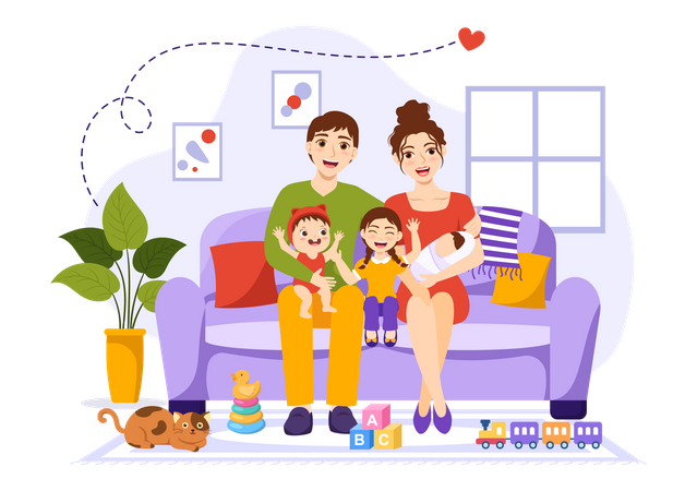 Mother, Father with their kids  Illustration