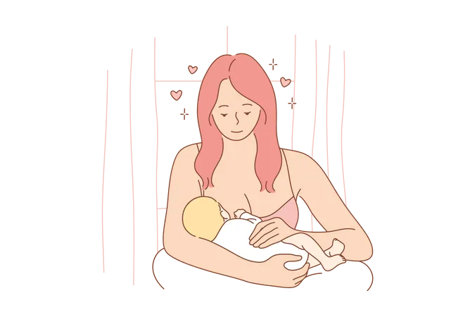Mother Feed Baby with Breast Sitting on Floor  イラスト