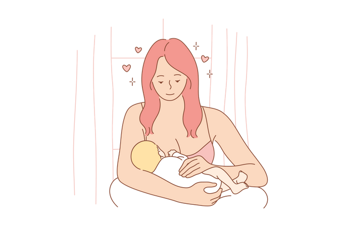 Mother Feed Baby with Breast Sitting on Floor  Illustration