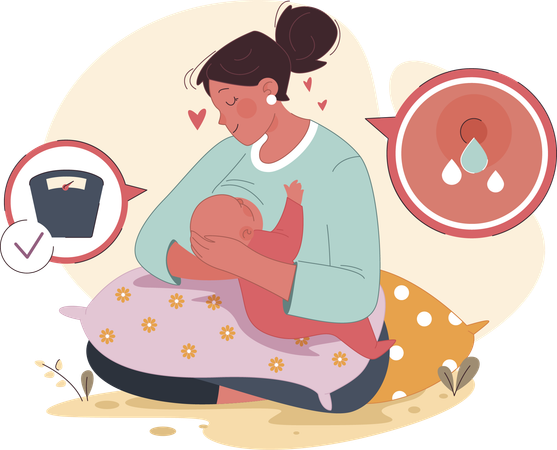 Mother feeding born baby while gaining weight  Illustration