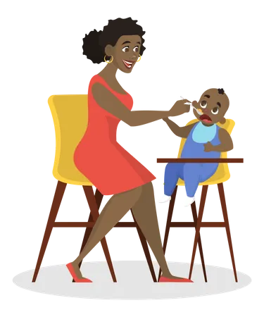 Mother feeding her little baby sitting in highchair  Illustration