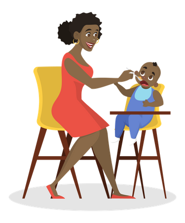 Mother feeding her little baby sitting in highchair  Illustration