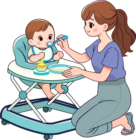 Mother feeds baby sitting in baby walker  Illustration