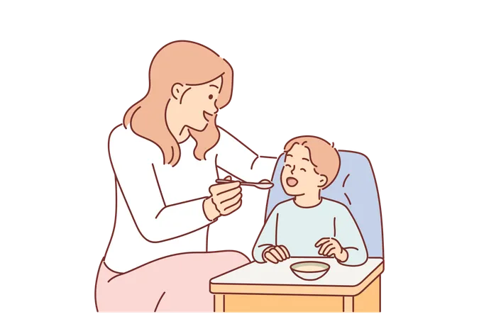 Mother Feeds Boy Sitting In Child Seat With Spoon Caring For Baby And Wanting To Give Son Best Woman Works Nanny In Kindergarten And Feeds Baby With Healthy Porridge Or Fruit Puree After Midday Nap Illustration