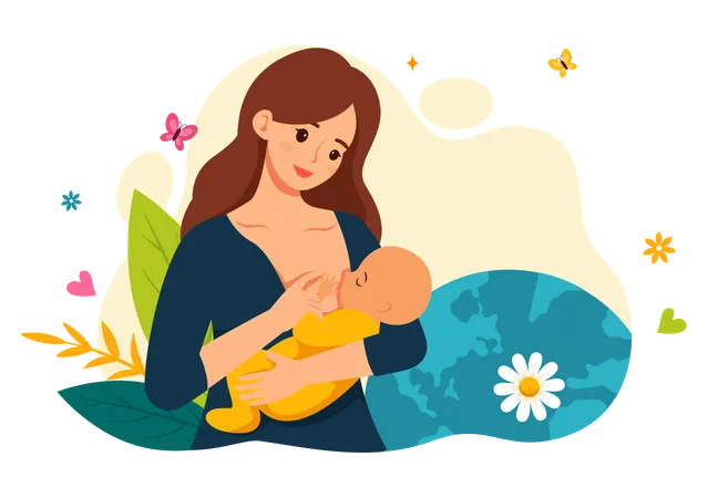母親が生まれたばかりの赤ちゃんに授乳する  イラスト
