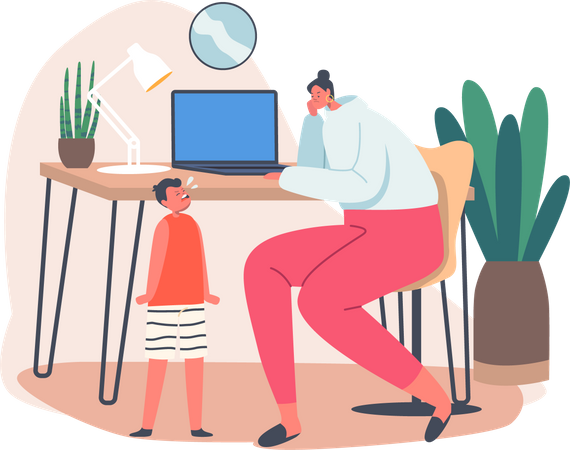 Mother feeling angry while working because of child  イラスト