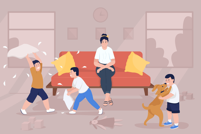 Mother feeling stressed because of kids playing  イラスト