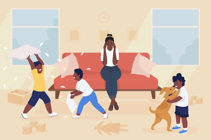 Mother getting stressed due to kids making mess  Illustration