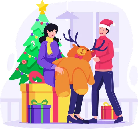 A Mother Gives A Stuffed Reindeer As A Gift To Her Son To Celebrate Christmas And The New Years Winter Holiday Vector Illustration In Flat Style Illustration