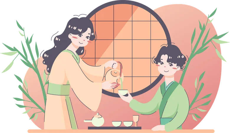 Mother gives tea to her kid from tea pot  Illustration