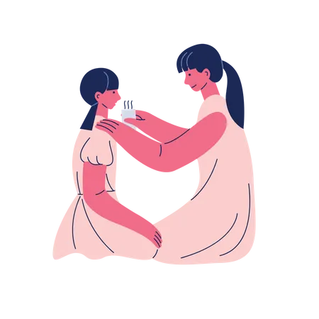 Mother gives warm water to her daughter  Illustration