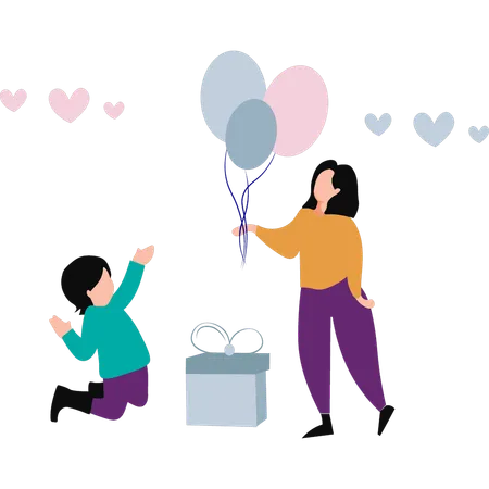 The Mother Giving Balloons To Her Daughter Illustration