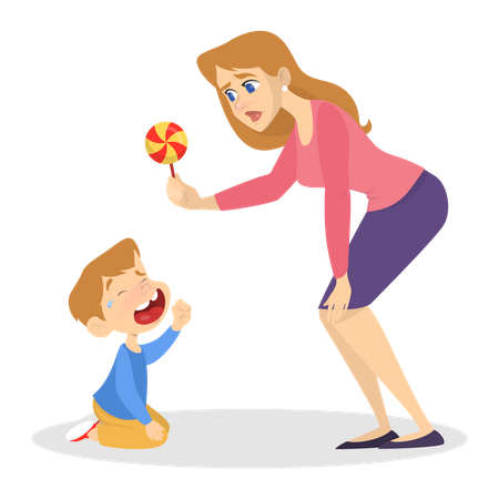 Mother giving candy to crying boy Illustration