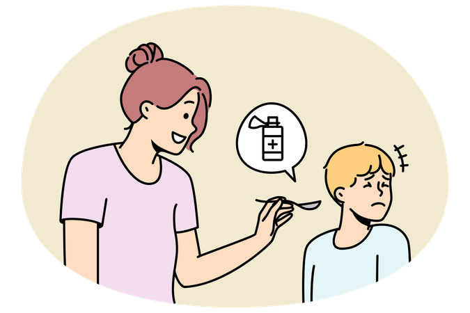 Mother giving child meds  Illustration