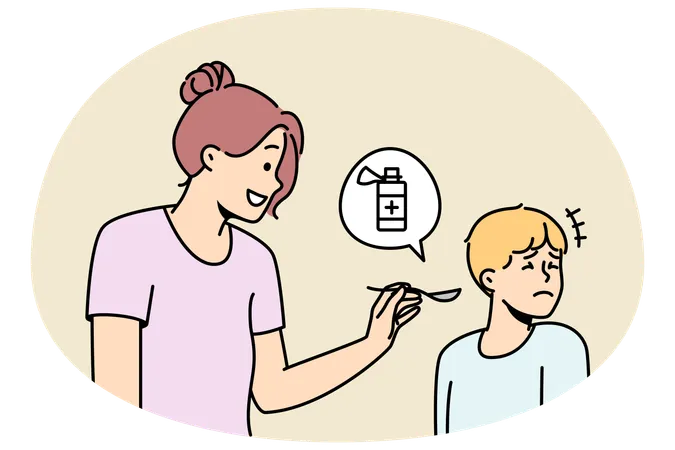 Mother giving child meds  Illustration