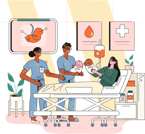 Mother giving childbirth in hospital  Illustration