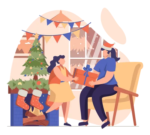 Mother Giving Christmas Gift To Her Daughter Illustration