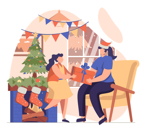 Mother Giving Christmas Gift To Her Daughter  Illustration