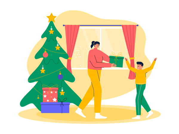 Mother giving christmas gift to son  Illustration