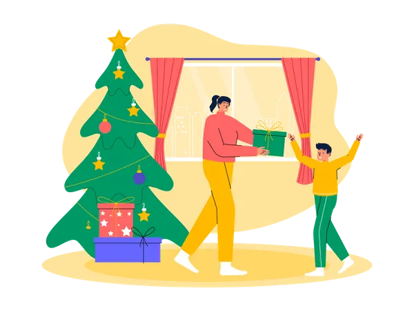 Mother giving christmas gift to son  Illustration