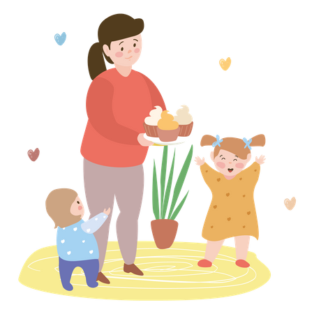 Mother giving cupcakes to kid Illustration