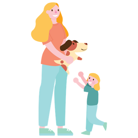 Mother giving dog toy to daughter Illustration