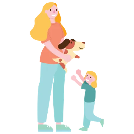 Mother giving dog toy to daughter  Illustration