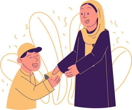 Mother giving envelope to child on occasion of Eid  Illustration