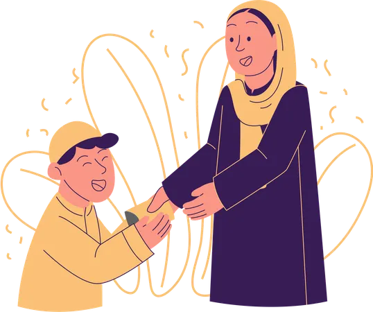 Mother giving envelope to child on occasion of Eid  Illustration