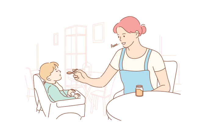 Mother giving food to kid  イラスト