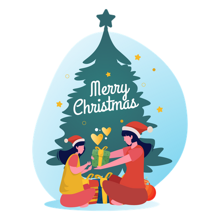 Mother Giving gifts to her daughter on Christmas Illustration