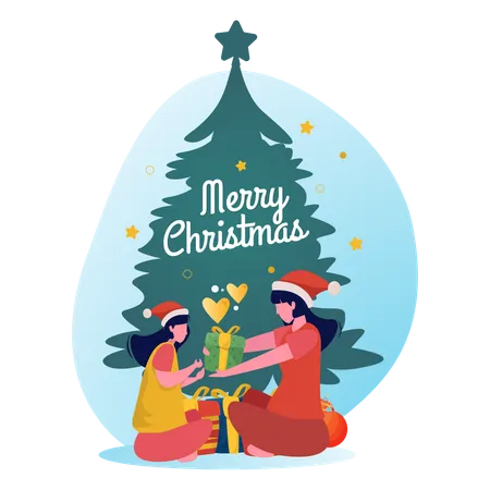 Mother Giving gifts to her daughter on Christmas  Illustration