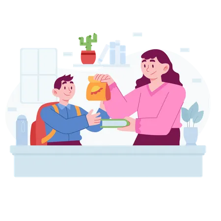Mother giving lunchbox to her son Illustration