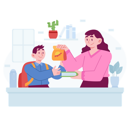 Mother giving lunchbox to her son  Illustration