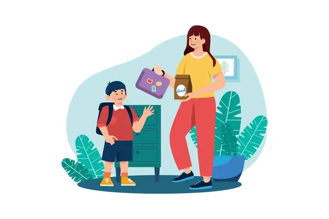 Mother giving lunchbox to her son  Illustration