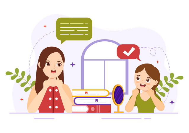 Mother giving speech trainning to little girl  Illustration