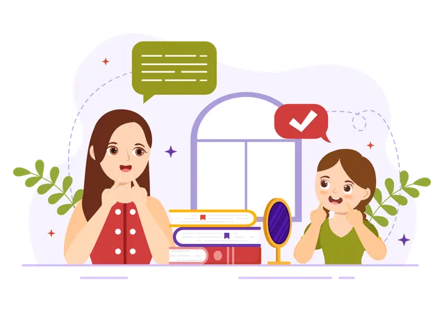 Mother giving speech trainning to little girl  Illustration