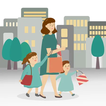 Mother going shopping with two little girl  Illustration