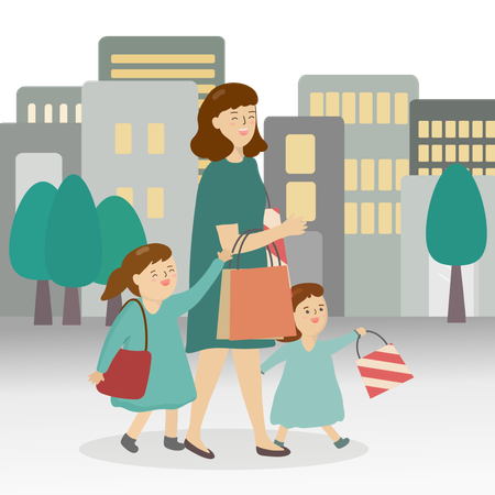 Mother going shopping with two little girl  Illustration