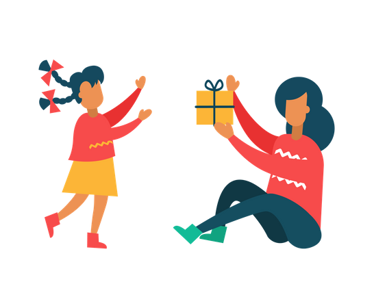 Mother Going to Give Present to Daughter  Illustration