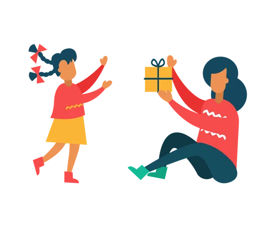 Mother Going to Give Present to Daughter  Illustration