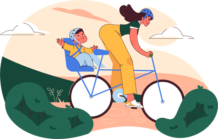 Mother going with baby on cycle  イラスト